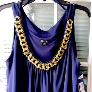 SLNY beautiful Chiffon Special Occasion Dress Navy 16W NWT tea length.